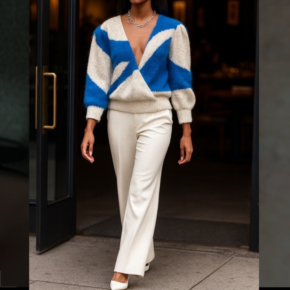 Linda Bentley Sweaters - Sweater Chic Blue and Cream Women's habdknit sweater